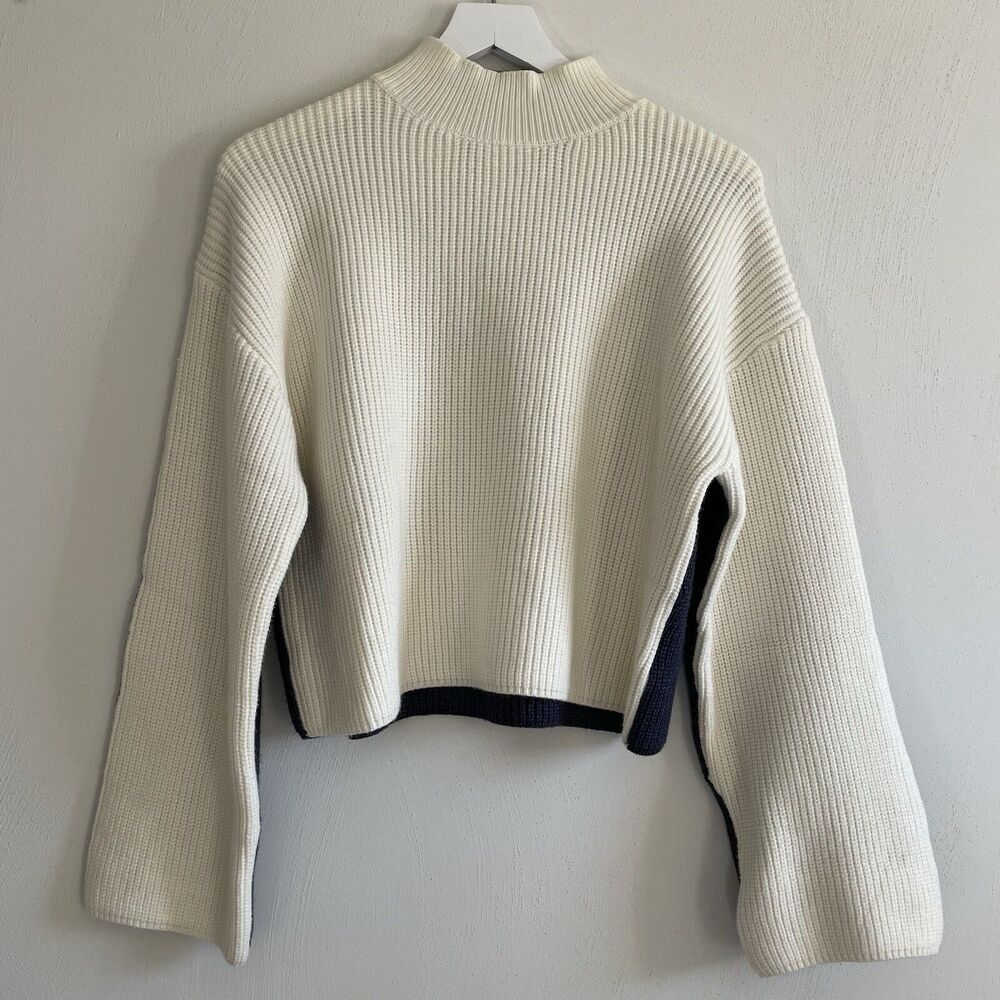Women’s Buttermelon Cropped Cream Grey Blue Two Tone Sweater S Thick Mock Neck